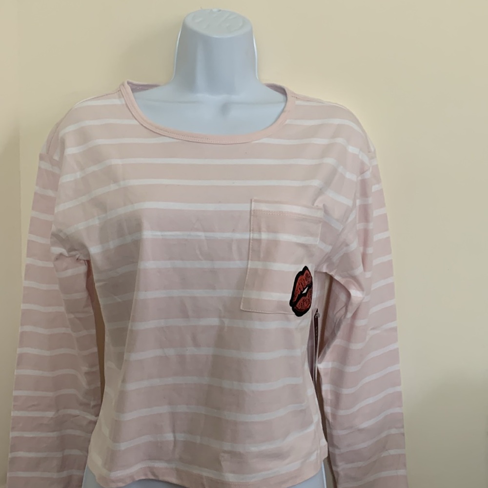 Madden Girl Pink Striped Long Sleeve Top with Lip Patch in Size Medium